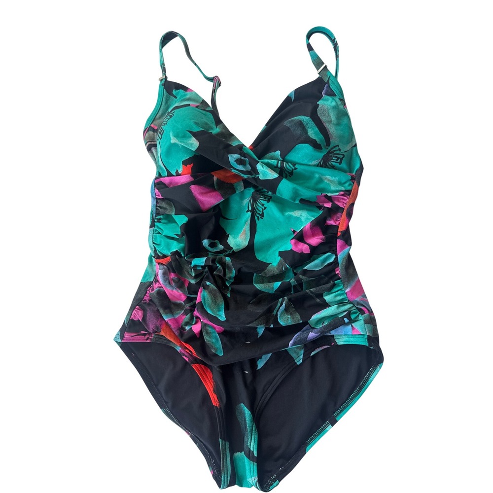 Calvin Klein Swimsuit Women 8 Black Teal Floral Ruched One Piece Excellent